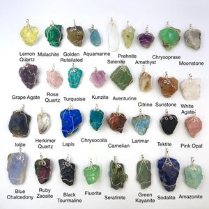 May include: A collection of 25 wire-wrapped gemstone pendants, each featuring a different type of stone. The stones are arranged in rows and labelled with their names. Some of the stones include amethyst, aventurine, carnelian, chrysoprase, citrine, fluorite, kunzite, lapis lazuli, moonstone, pink opal, rose quartz, ruby, sodalite, sunstone, turquoise, and white agate.