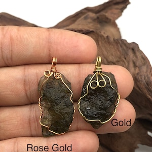 100% Natural Raw Moldavite Rose Gold And Gold Wirewrap HandMade Pendant / Genuine Most Powerful Pendant With Free Silver 18Inch Chain.