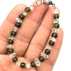 100% Genuine  Moldavite With Herkimer / 6 mm, 8 mm, 10 mm / Authentic Rare Moldavite Tektite Round Beaded With Herkimer Locker Bracelet.
