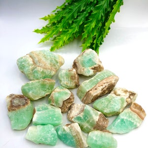 May include: A collection of green and brown banded agate stones. The stones are rough and have a natural, unpolished look.