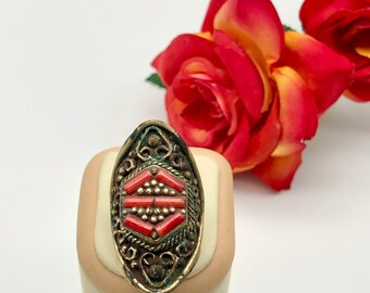 Bague Ancienne En Argent Massif Et Corail - Taille 53 - Jolie, Manque Quelques Brillants (occasion)