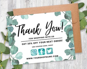 Thank You Card For Business, INSTANT DOWNLOAD, Eucalyptus, Editable, Printable, Small Business, Poshmark Thank You for Your Order, Etsy Note