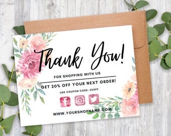 Thank You Card For Business, INSTANT DOWNLOAD, Floral, Editable, Printable, Small Business, Poshmark Thank You for Your Order, Etsy Note