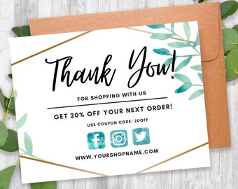 Thank You Card For Business, INSTANT DOWNLOAD,  Greenery, Editable, Printable, Small Business, Poshmark Thank You for Your Order, Etsy Note
