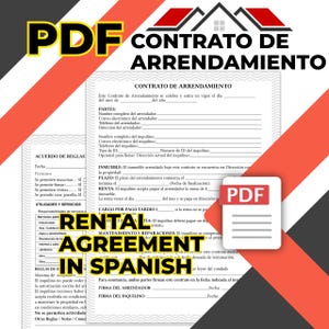 Könnte beinhalten: Ein digitales PDF-Mietvertragsdokument auf Spanisch mit leeren Feldern für Vermieter- und Mieterinformationen, Objektdetails, Mietbedingungen und Regeln, ergänzt durch ein rot-weißes PDF-Symbol und fetten Text.