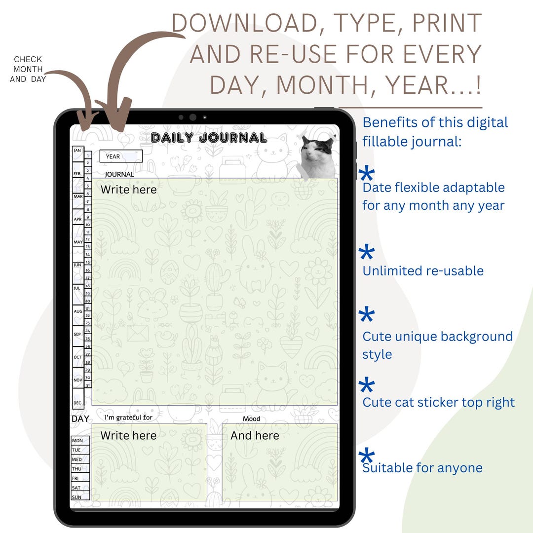 Fillable Journal Fillable PDF Journal: Printable Daily Journal With Cat Design (digital ...