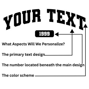 May include: A black and white graphic featuring the text "YOUR TEXT" in a bold, arched font above a black rectangle with the number "1999". The image also lists aspects to personalise: text design, number, and colour scheme.