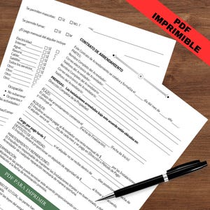Pode incluir: Um formulário de contrato de aluguel impresso com texto em espanhol, uma faixa vermelha "PDF Imprimible" e uma caneta preta. O documento inclui seções para informações do inquilino e do proprietário, detalhes da propriedade e termos de pagamento.