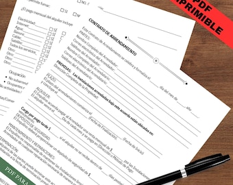 May include: A printed rental agreement form with Spanish text, a red "PDF Printable" banner, and a black pen. The document includes sections for tenant and landlord information, property details, and payment terms. The form is on a wooden surface.