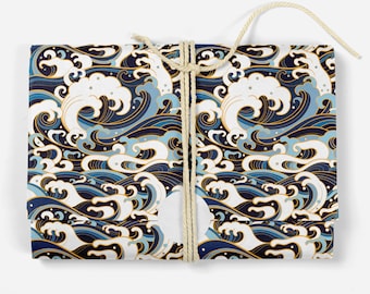Blue Waves Wrapping Paper - Luxury Gift Wrap - Oriental Gift Wrapping - Waves Wrapping Paper - Recyclable Wrapping Paper