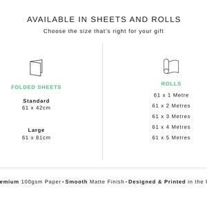 May include: A product information chart for wrapping paper available in sheets and rolls. Folded sheets come in 61 x 42cm and 61 x 81cm sizes. Rolls are 61cm wide with lengths of 1, 2, 3, 4, and 5 meters. The paper is 100gsm with a smooth matte finish.