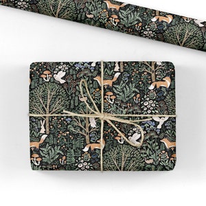 Black Fox & Owl Wrap - Woodland Illustrated Wrapping Paper- Fungi- Large Wrapping Paper Roll- Gift Wrap - Mushroom gift