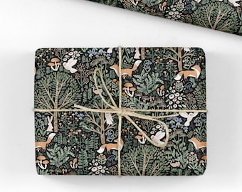 Black Fox & Owl Wrap - Woodland Illustrated Gift Wrap - Large Wrapping Paper Roll - Mushroom gift