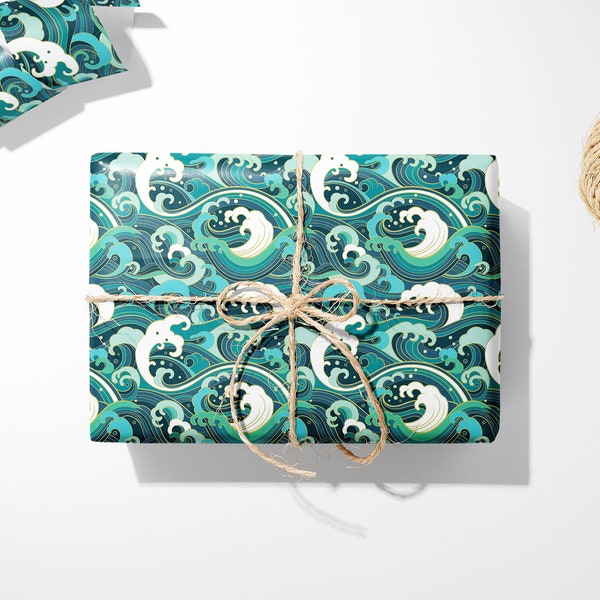 Green Waves Wrapping Paper - Luxury Gift Wrap - Oriental Gift Wrap - Waves Wrapping Paper Roll - Recyclable Wrapping Paper