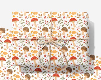 Woodland Mushroom Wrapping Paper - Autumn Leaves Gift Wrap - Nature Inspired Wrapping Paper