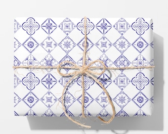 Blue Tile Wrapping Paper | Portuguese Azulejo Tile Pattern | Mediterranean Inspired Wrapping Paper
