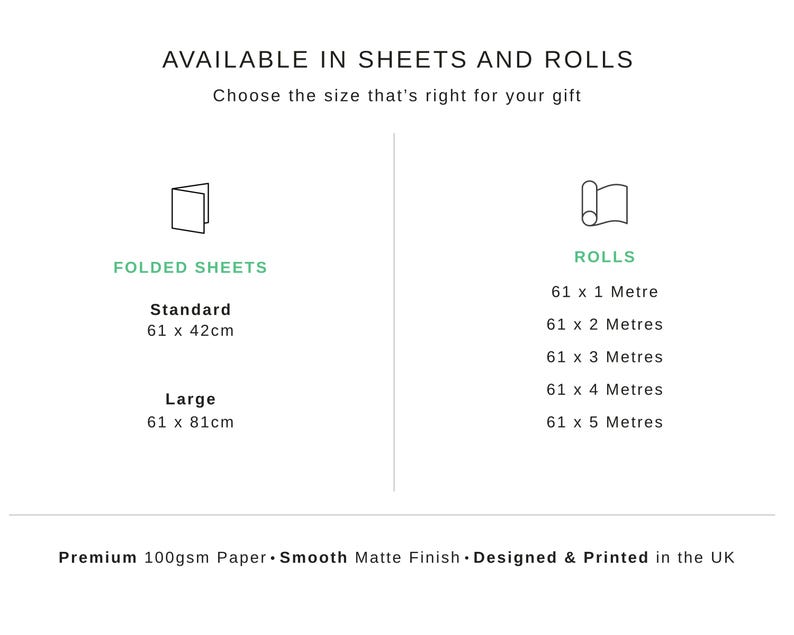 Peut inclure: Un graphique informatif intitul&eacute; AVAILABLE IN SHEETS AND ROLLS. Il liste des FOLDED SHEETS en tailles Standard 61 x 42cm et Large 61 x 81cm, et des ROLLS de 61cm de large de 1 &agrave; 5 m&egrave;tres. Il indique Premium 100gsm Paper, Smooth Matte Finish, Designed & Printed in the UK.