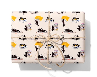 Black Cats and Books Wrapping Paper - Funny Illustrated Cat Lover Gift Wrap