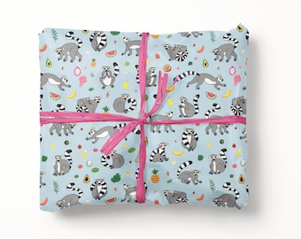 Lemur Gift Wrap - Animal Illustrated Wrapping Paper- Ring Tail Lemurs- Large Wrapping Paper Roll - Cute gift