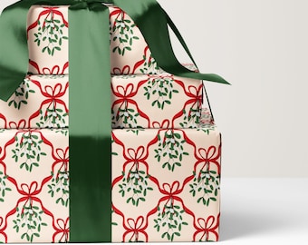 Festive Mistletoe and Red Ribbon Wrapping Paper - Luxury Christmas Gift Wrap Roll