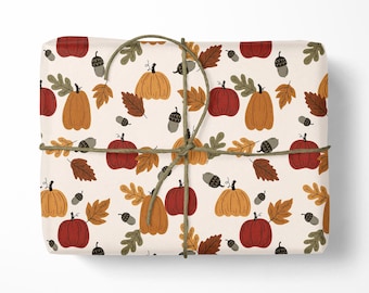 Autumn Pumpkin Wrapping Paper - Fall Illustrated Wrapping Paper- Acorn and Oak - Large Wrapping Paper Roll - Pumpkin Gift
