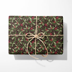 Green Leaf & Red Flower Wrapping Paper - Luxury Gift Wrap - Leaf Wrapping Paper Roll