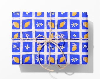 Amalfi Lemon Wrapping Paper: Blue & Yellow Citrus Design