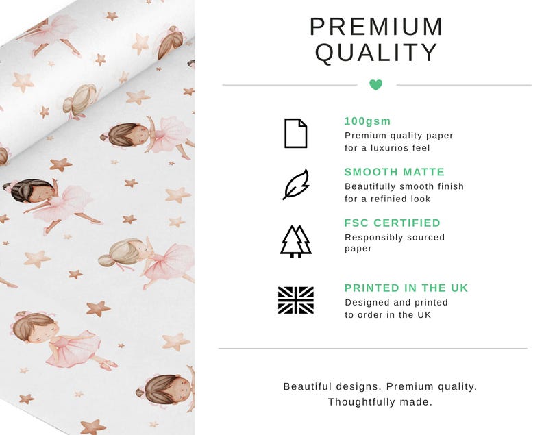 May include: Wrapping paper featuring a repeating pattern of illustrated ballerinas in pink tutus and tan stars on a white background. Text includes PREMIUM QUALITY, 100gsm, SMOOTH MATTE, FSC CERTIFIED, and PRINTED IN THE UK with icons for paper, feather, trees, and flag.