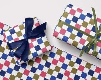 Olive, Blue and Rose Check Wrapping Paper - Colourful Checkerboard Gift Wrap Roll