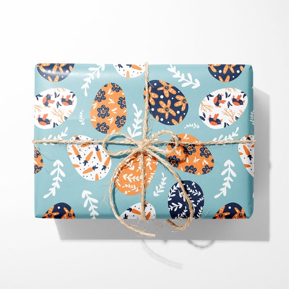 Easter Egg Wrapping Paper - Luxury Gift Wrap - Floral Easter Gift Wrap - Blue Easter Wrapping Paper Roll