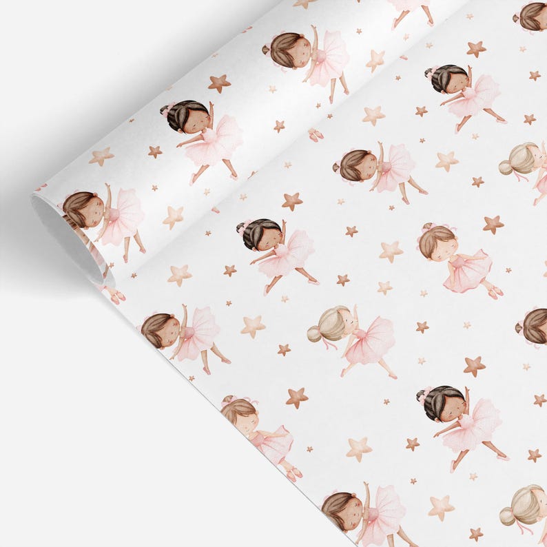 May include: A roll of white wrapping paper featuring a repeating pattern of watercolor-style illustrations of ballerinas wearing pink tutus and ballet slippers, interspersed with small, light brown five-pointed stars across the surface.
