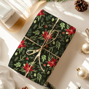 Dark Green Christmas Wrapping Paper - Luxury Christmas Gift Wrap - Poinsettia Gift Wrap Roll