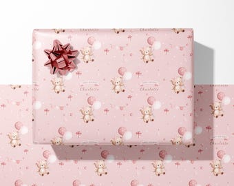 Personalised Pink Teddy Bear Birthday Wrapping Paper - Custom Name