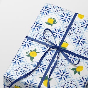 Lemon and Azulejos Tile Wrapping Paper - Luxury Gift Wrap - Blue Mediterranean Wrapping Paper