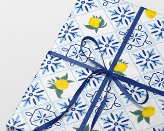 Lemon and Azulejos Tile Wrapping Paper - Luxury Gift Wrap - Blue Mediterranean Wrapping Paper