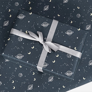 Galaxy Wrapping Paper - Large Sheet of Blue Gift Wrap - Roll of Wrapping Paper - Stars and Moon Wrapping Paper