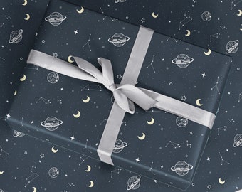 Galaxy Wrapping Paper - Large Sheet of Blue Gift Wrap - Roll of Wrapping Paper - Stars and Moon Wrapping Paper