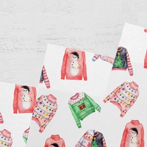 May include: A repeating pattern of watercolor illustrations featuring various holiday sweaters. Designs include a red sweater with a snowman, a green sweater with a gift box, a pink sweater with colorful string lights, and a dark sweater with a Christmas tree.