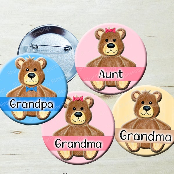 Teddy Bear Pin Back Button for Baby Shower - Mommy to be Pin - Grandma to be Badge --Big Sister Pin - Gingham Button