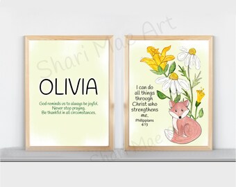 Yellow Flowers and Woodland Fox Christian Wall Art for Girls, Scripture Art Print, Philippians 4:13