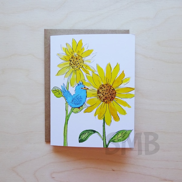 4 Cute Blue Bird and Sunflowers Note Cards, Cheerful Fall Stationery, Happy Birthday Card, Thank You Note Card