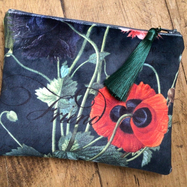 Handmade Beautiful Velvet Make Up Bag Clutch Bag Purse Floral Botanical Butterfly Gift For A Friend