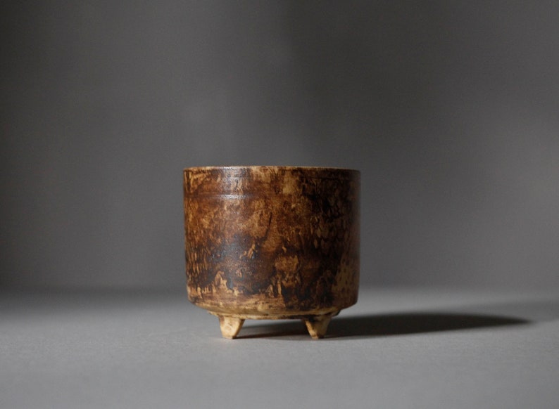 Handmade Flower Pot on four legs, Footed Ceramic planter, honey brown color R: 10cm 3.9 image 8