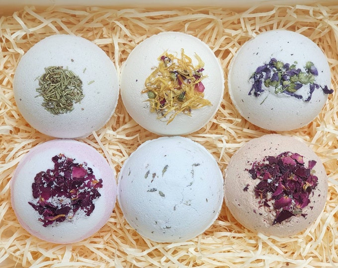NATURAL BATH BOMBS box  of 6 large vegan friendly bath bombs made with essential oils, natural clays, dried petals and botanicals.