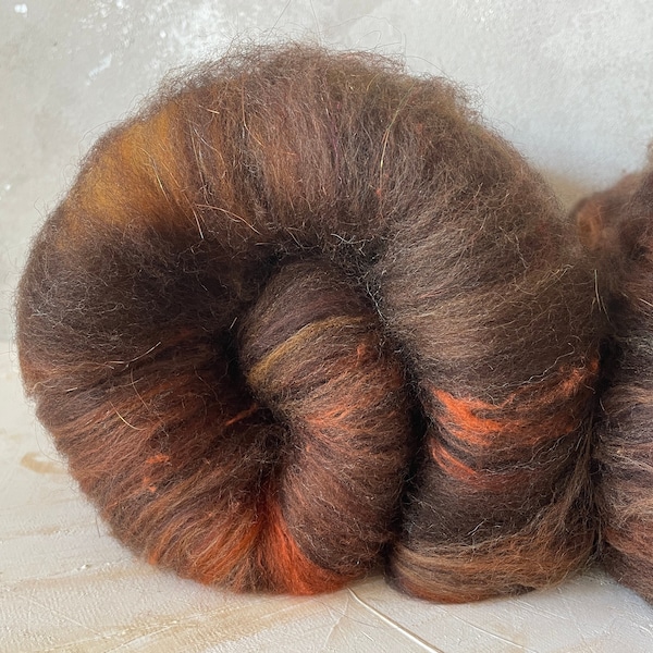 Art Batt "dark toffee" fiber blend, carded wool, spinning fiber, spinning, felting, wool, brown, copper, cinnamon, merino, silk, curl, glow