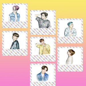 Arte em aquarela BTS, conjunto de cartões fotográficos BTS, conjunto de fotos polaroid BTS, desenhos em aquarela BTS, fotos polaroid BTS