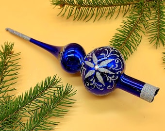 Elegante adorno para la cima del árbol de Navidad en azul y plata – Remate de cristal de 18 cm – Adorno navideño retro hecho a mano – Decoración navideña de colección