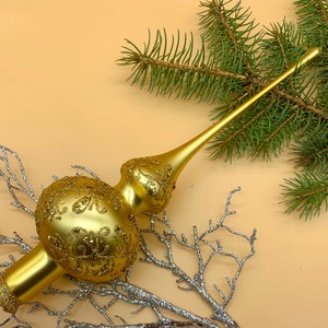 Gold Christmas glass tree topper with branch, Glass Finial Top, Tree Decor, Xmas Tree ornament, Traditional Finial top, Christmas ornaments