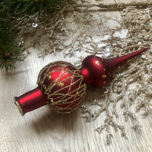 Small Red Christmas glass tree topper, Christmas glass ornament, retro christmas ornament, vintage Xmas decor, vintage christmas 1950s