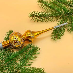 Gold Glass Tree Topper – Small Handmade Finial Ornament – Christmas Decoration with Silver Glitter Accents – Vintage Style Finia